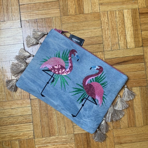 NWT Express denim sequin flamingo tassel clutch